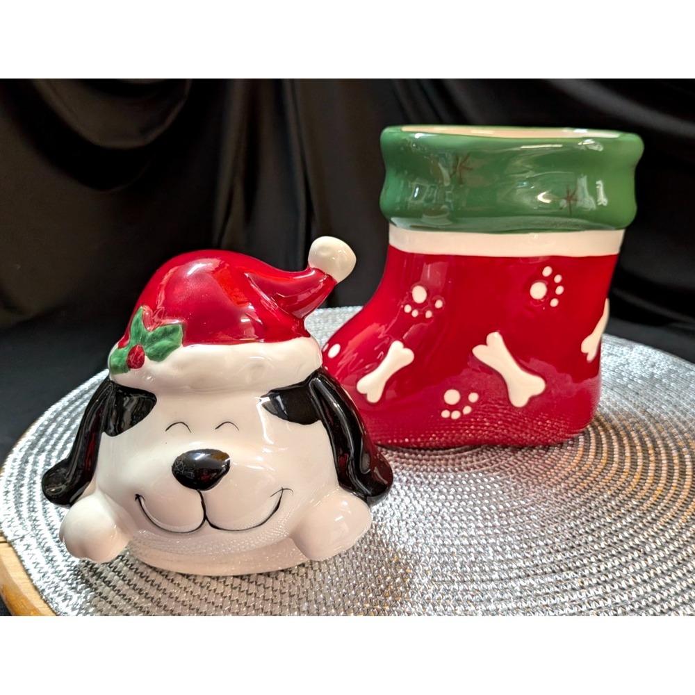 Dog Cookie Treat Jar Paw Winter Season Christmas Holiday Santa Hat Vintage - Picture 5 of 7